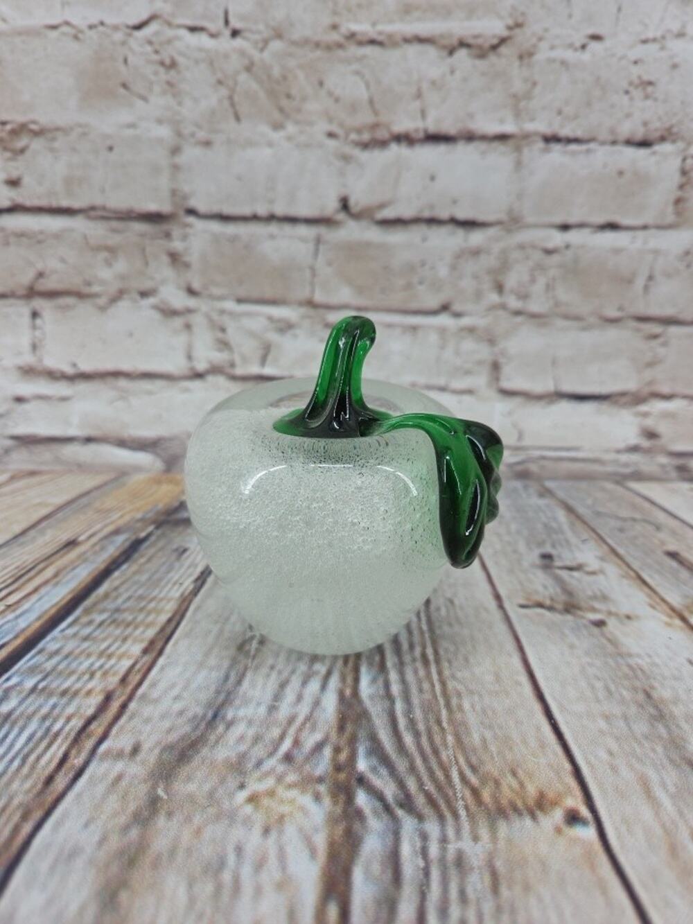 Vintage Art Glass White Apple Paperweight Green Stem and Leaf Excellent Gift